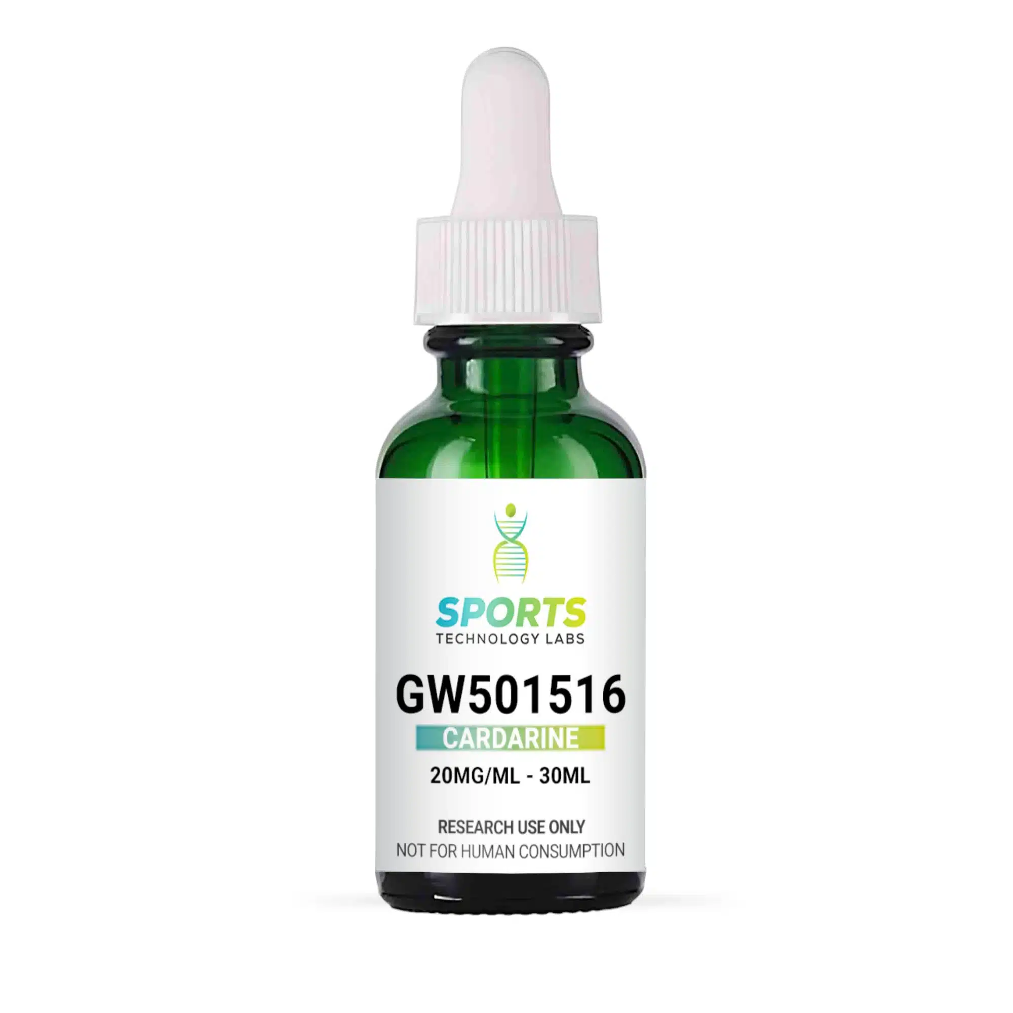 Green glass bottle of research-grade Cardarine GW-501516, 20mg/mL concentration, 30mL volume for laboratory research