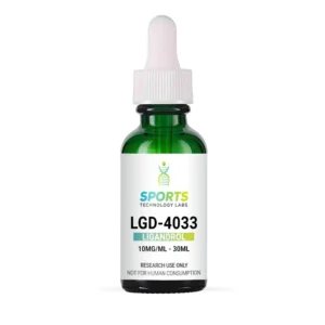 Green glass bottle of LGD-4033 research compound, 30mL at 10mg/mL concentration with dropper cap