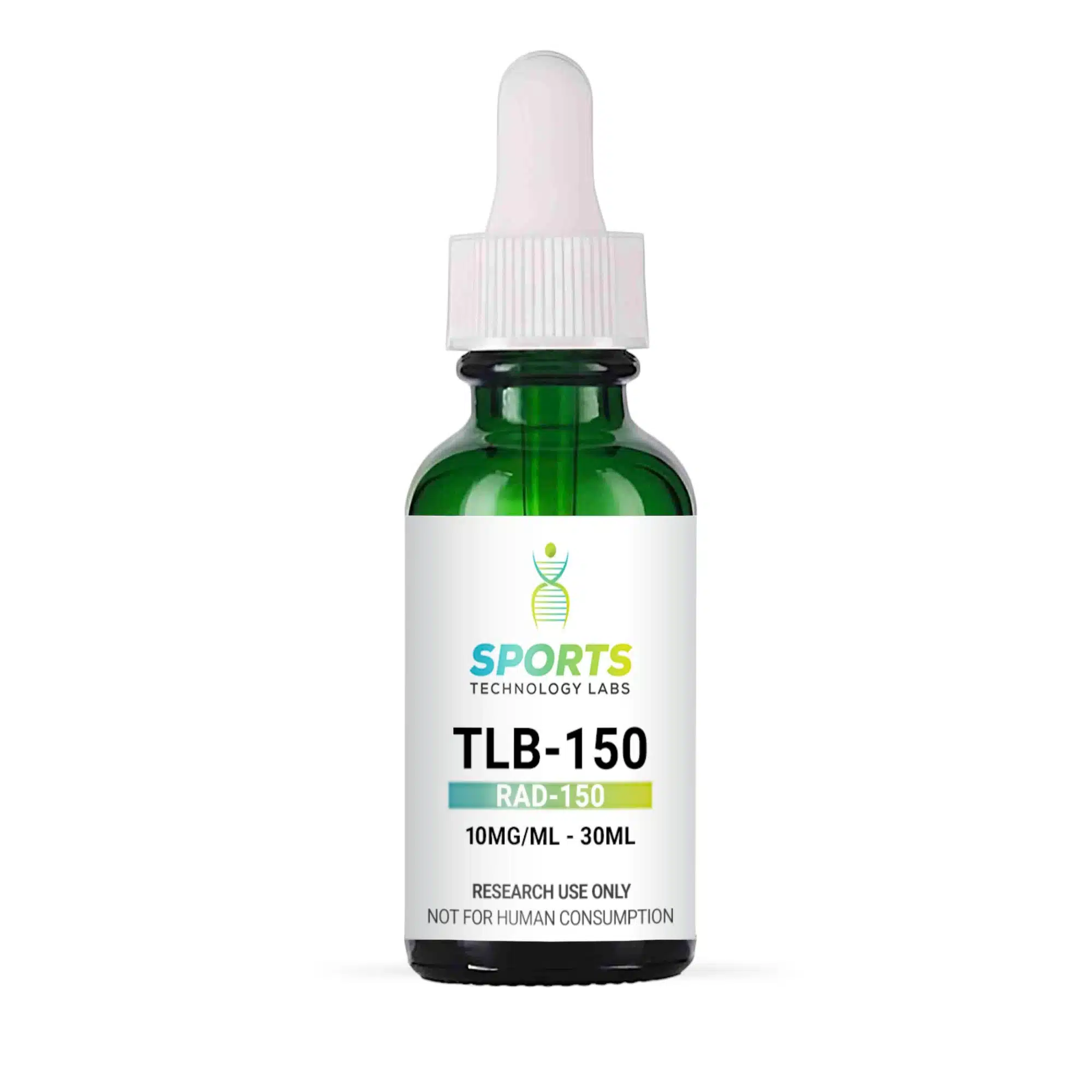 Green glass bottle of TLB-150 research chemical at 10mg/mL concentration with dropper cap for laboratory research