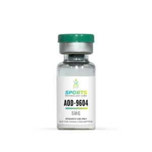 5mg AOD-9604 research compound in glass vial with green cap, Sports Technology Labs label for laboratory research only