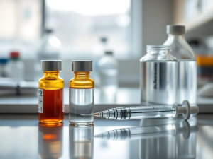 Laboratory research supplies including sterile vials, bacteriostatic water, and precision measuring instrument for peptide re